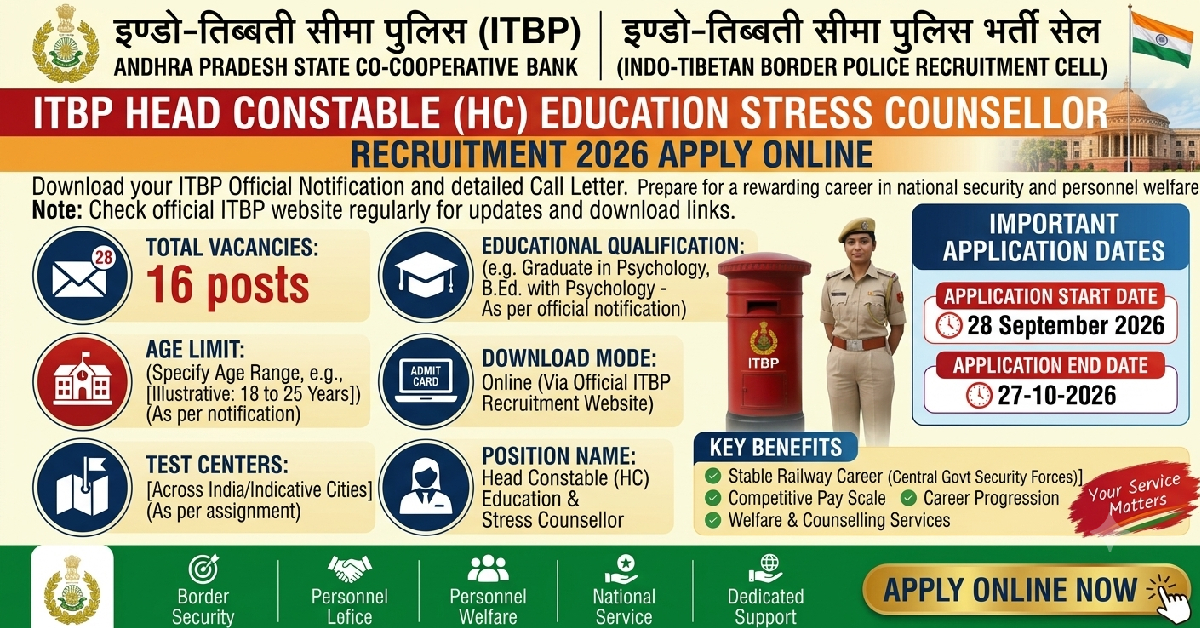 itbp head constable education stress counsellor recruitment 2026
